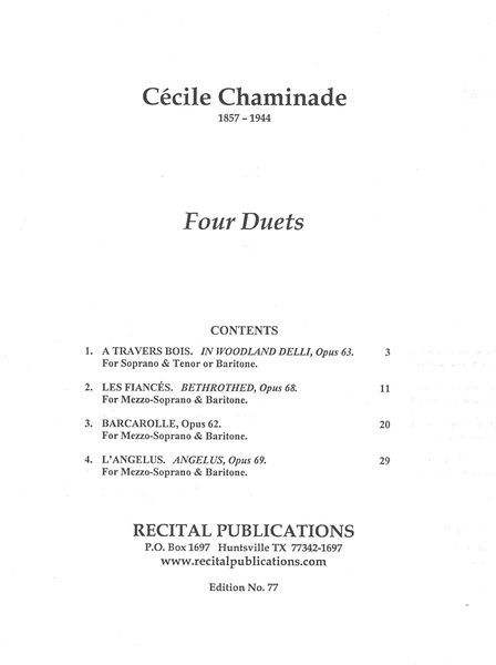 Quatre Duets : Un Pour Soprano Et Tenor, Trois Pour Mezzo-Soprano Et Baryton.