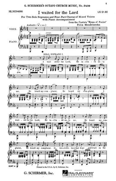 I Waited For The Lord From Hymn Of Praise For 2 Solos : Choral (SATB).