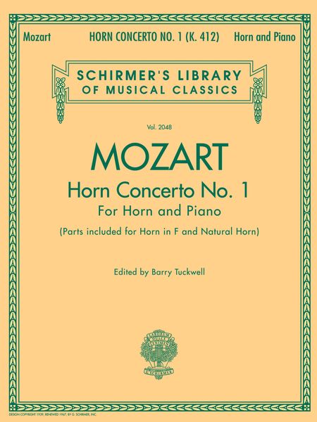 Horn Concerto No. 1, K. 412 : reduction For Horn and Piano / edited by Barry Tuckwell.