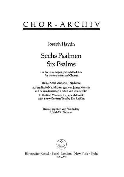 Six Psalms : For Three-Part Mixed Chorus.