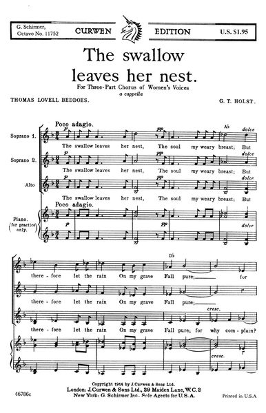 Swallow Leaves Her Nest : For SSA Choir A Cappella.