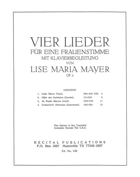 Vier Lieder, Op. 6 : For Female Voice and Piano.