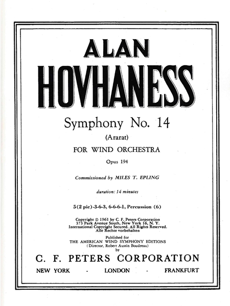 Symphony No. 14, Op. 194 (Ararat) : For Wind Orchestra.