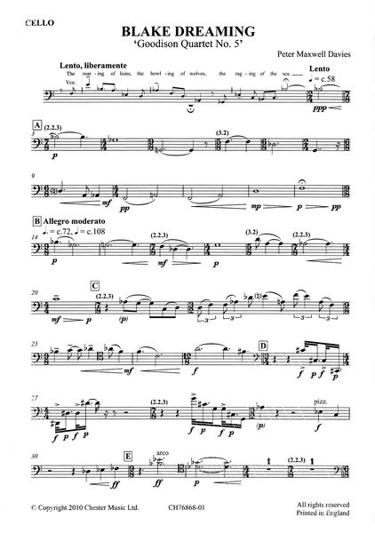 Blake Dreaming - Goodison Quartet No. 5 : For Baritone Voice and String Quartet (2010).