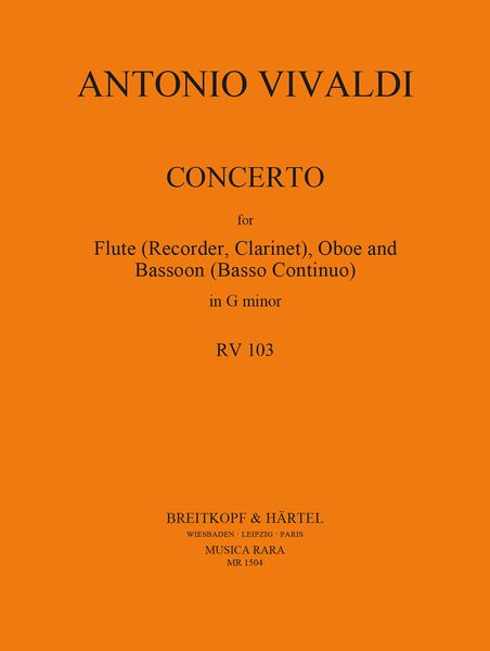 Konzert In G RV 103 : For Recorder, Oboe and Basso Continuo / Ed. Robert P. Block and David Lasocki.