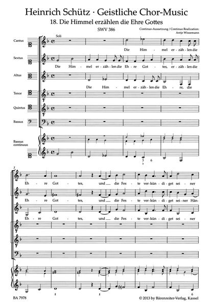 Geistliche Chor-Music, Nr. 18 : Die Himmel Erzählen Die Ehre Gottes, SWV 386 / Ed. Werner Breig.