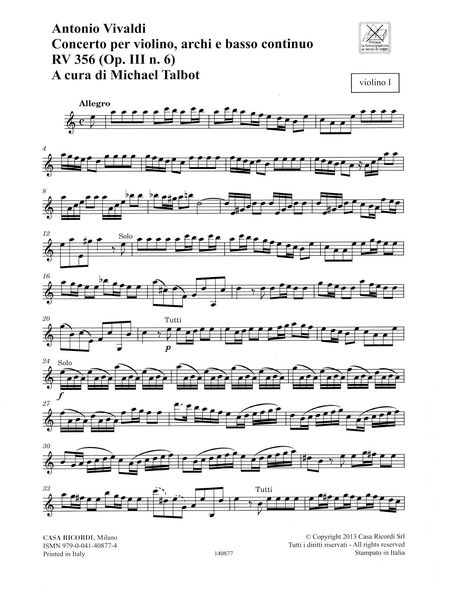 Concerto In A Minor, RV 356 : For Violin, Strings and Basso Continuo / Ed. Michael Talbot.