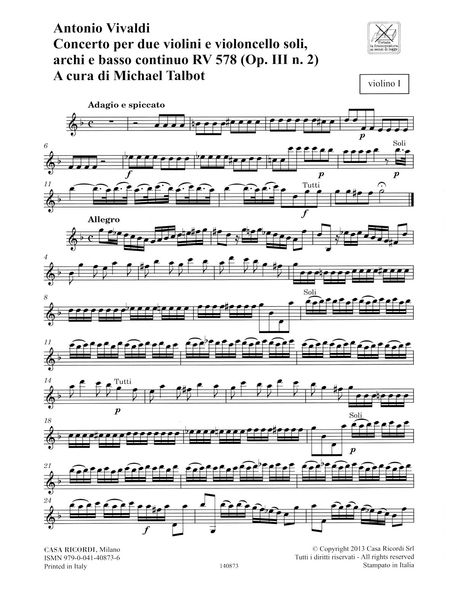 Concerto In G Major, RV 578 : For 2 Violins, Cello, Strings and Basso Continuo / Ed. Michael Talbot.