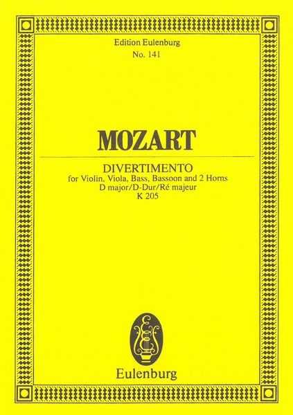 Divertimento, K. 205 In D Major : For Violin, Viola, Bass, Bassoon and 2 Horns.