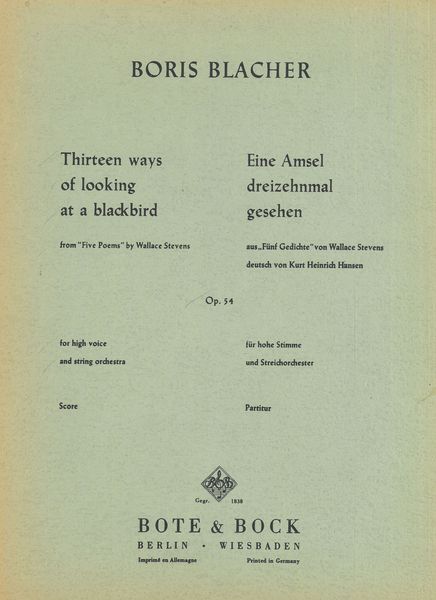 Thireteen Ways of Looking At A Blackbird : For High Voice and String Orchestra.