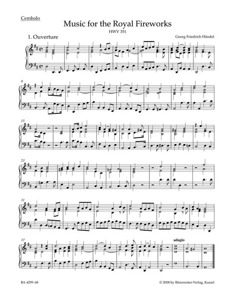 Music For The Royal Fireworks, HWV 351 / edited by Christopher Hogwood.