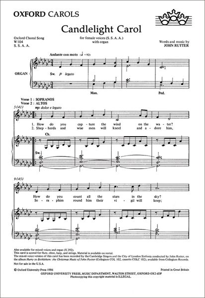 Candlelight Carol : SSAA and Organ Or Orchestra.