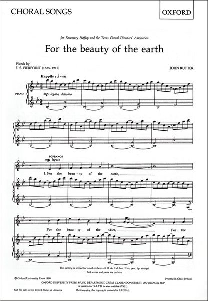 For The Beauty of The Earth : For SS Or Sa and Piano Or Orchestra.