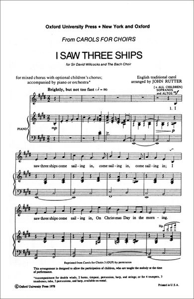 I Saw Three Ships : For SATB and Piano Or Orchesta Or Brass Ensemble.