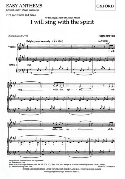 I Will Sing With The Spirit : For 2-Part Upper Voices and Piano Or Orchestra.