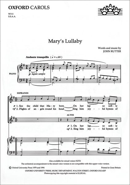 Mary's Lullaby : For SSAA and Piano.