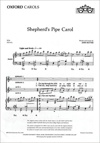 Shepherd's Pipe Carol : For SSA and Piano Or Orchestra.