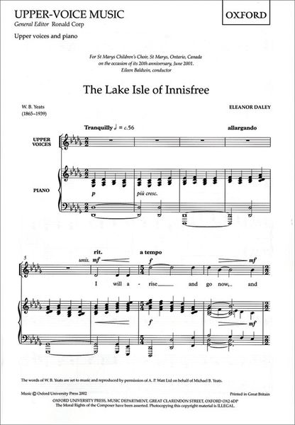 The Lake Isle of Innisfree : For SSA and Piano.