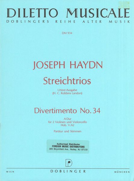 Divertimento Nr. 34 In A-Dur Hob. V:A2 : Für Two Violinen und Violoncello.