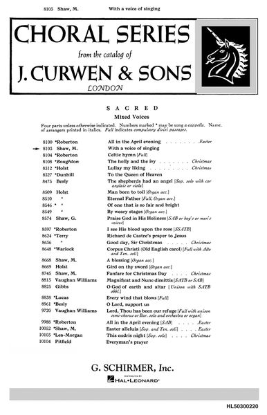 With A Voice of Singing : For SATB.
