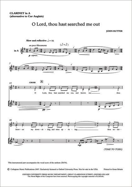O Lord, Thou Hast Searched Me Out : For SATB, Cor Anglais (Or Clarinet Or Viola) and Organ.
