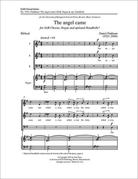 Angel Came : For SAB, Organ and Optional Handbells.