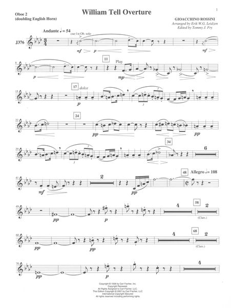 William Tell Overture : For Concert Band - English Horn/Oboe 2 Part / arr. by Erik W. G. Leidzen.
