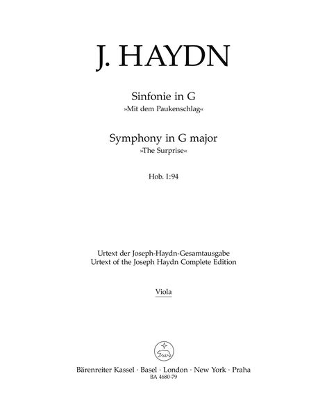 Symphony In G Major (Surprise), Hob. I:94 / edited by Robert von Zahn.