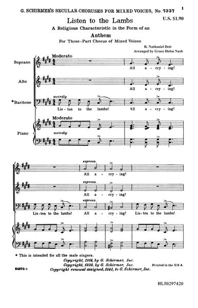 Listen To The Lambs : For SAB A Cappella / arr. Grace Helen Nash.