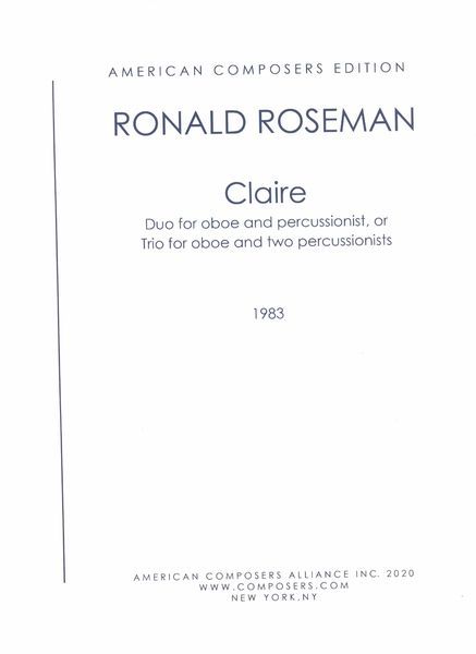 Claire : Duo For Oboe and Percussionist Or Trio For Oboe and Two Percussionists (1983).