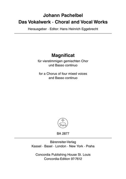 Magnificat For A Chorus of Four Mixed Voices and Basso Continuo / Ed. Eggebrecht.
