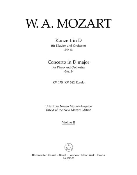 Concerto No. 5 In D Major : For Piano and Orchestra, K. 175 - Piano reduction.
