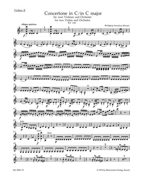 Concertone In C Major, K. 190 (166b; Kv6:186 E) : For Two Violins and Orchestra / Ed. C.H. Mahling.