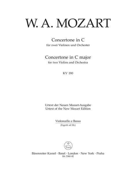 Concertone In C Major, K. 190 (166b; Kv6:186 E) : For Two Violins and Orchestra / Ed. C.H. Mahling.