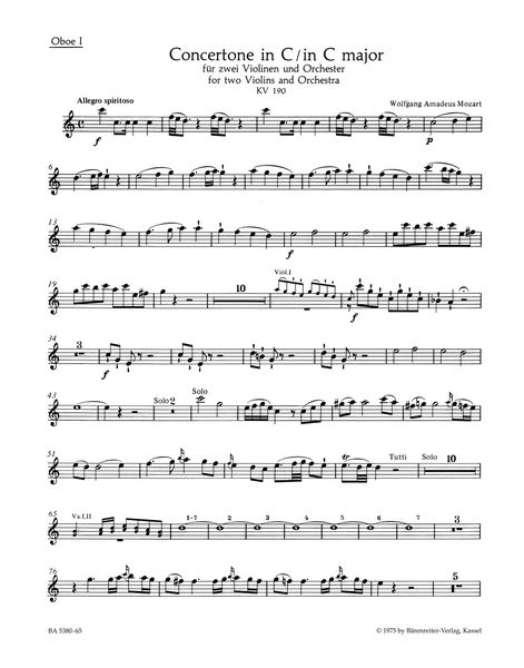 Concertone In C Major, K. 190 (166b; Kv6:186 E) : For Two Violins and Orchestra / Ed. C.H. Mahling.