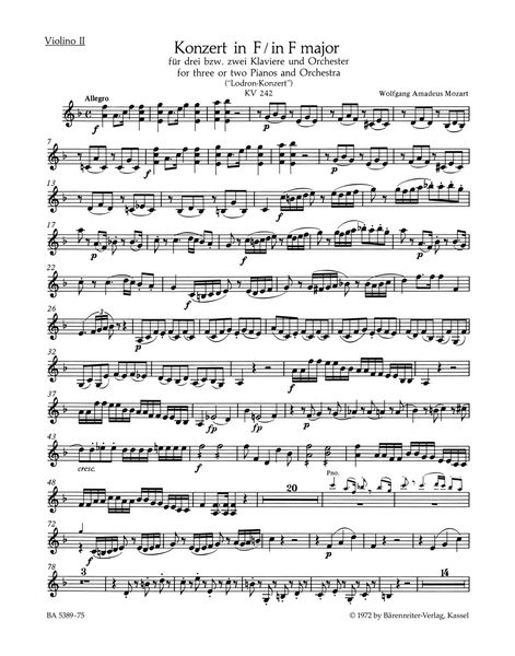 Concerto No. 7 In F Major, K. 242 : For Two Or Three Pianos and Orchestra / Ed. Marius Flothuis.