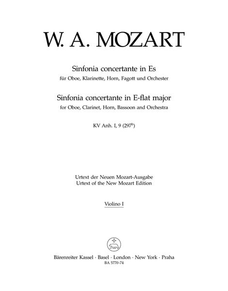 Sinfonia Concertante Eb Maj, K. Anh I,9 (297b) : For Oboe, Clarinet, Horn, Bassoon, Orch / Ed. Plath