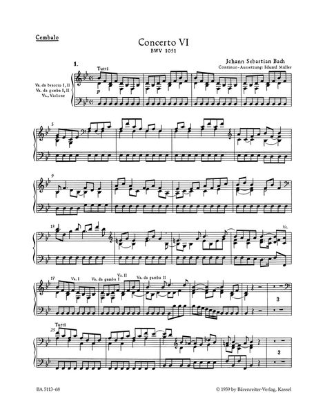 Brandenburg Concerto No. 6 In B-Flat Major, BWV 1051 / edited by Heinrich Besseler, August Wenzinger