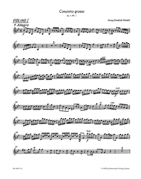 Concerto Grosso No. 1 In B Flat Major, Op. 3 No. 1 (HWV 312) : For Orchestra / Ed. Frederik Hudson.