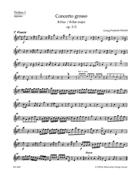 Concerto Grosso No. 2 In B Flat, Op. 3 No. 2 (HWV 313) : For Orchestra / Ed. Frederick Hudson.