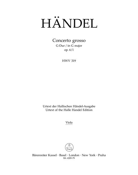 Concerto Grosso In G Major, Op. 6 No. 1 (HWV 319) : For Orchestra / edited by Hoffmann, Redlich.
