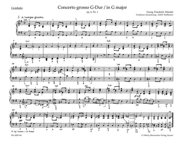 Concerto Grosso In G Major, Op. 6 No. 1 (HWV 319) : For Orchestra / edited by Hoffmann, Redlich.