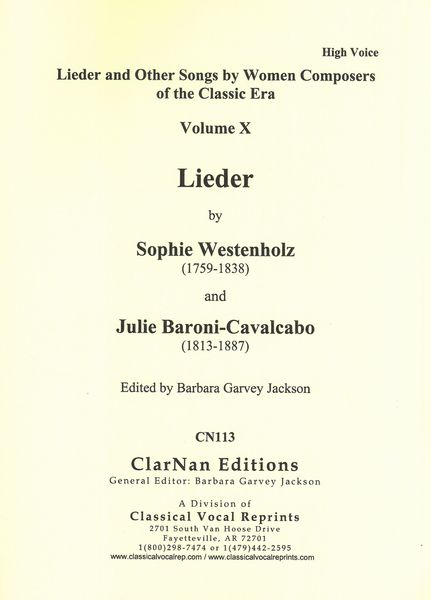 Lieder by Sophie Westenholz & Julie Baroni-Cavalcabo : For High Voice / Ed. Barbara Garvey Jackson.