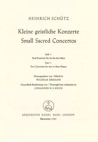 Kleine Geistliche Konzerte, Heft 7 : Five Concertos For One To Three Bassos.