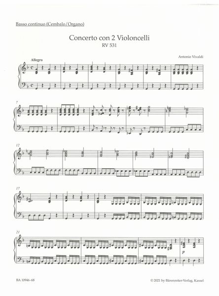 Konzert In G-Moll, Rv531 : Für Zwei Violoncelli, Streicher und Basso Continuo / Ed. Bettina Schwemer