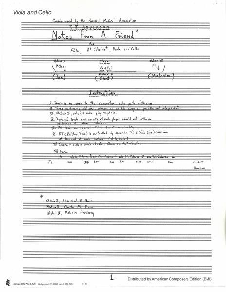 Notes From A Friend : For Flute, B Flat Clarinet, Viola and Cello.