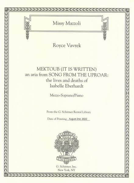Mektoub (It Is Written), From Song From The Uproar : For Mezzo-Soprano and Piano.