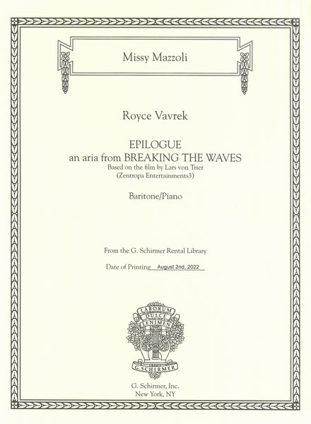 Epilogue - An Aria From Breaking The Waves : For Baritone and Piano.
