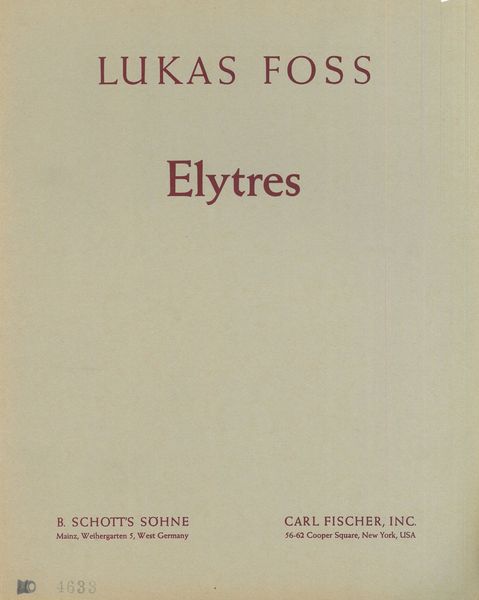 Elytres : For Solo Flute, 2 Solo Violins & 3 Violins, 3 Percussion, Harp, Vibraphone & 2 Pianos.