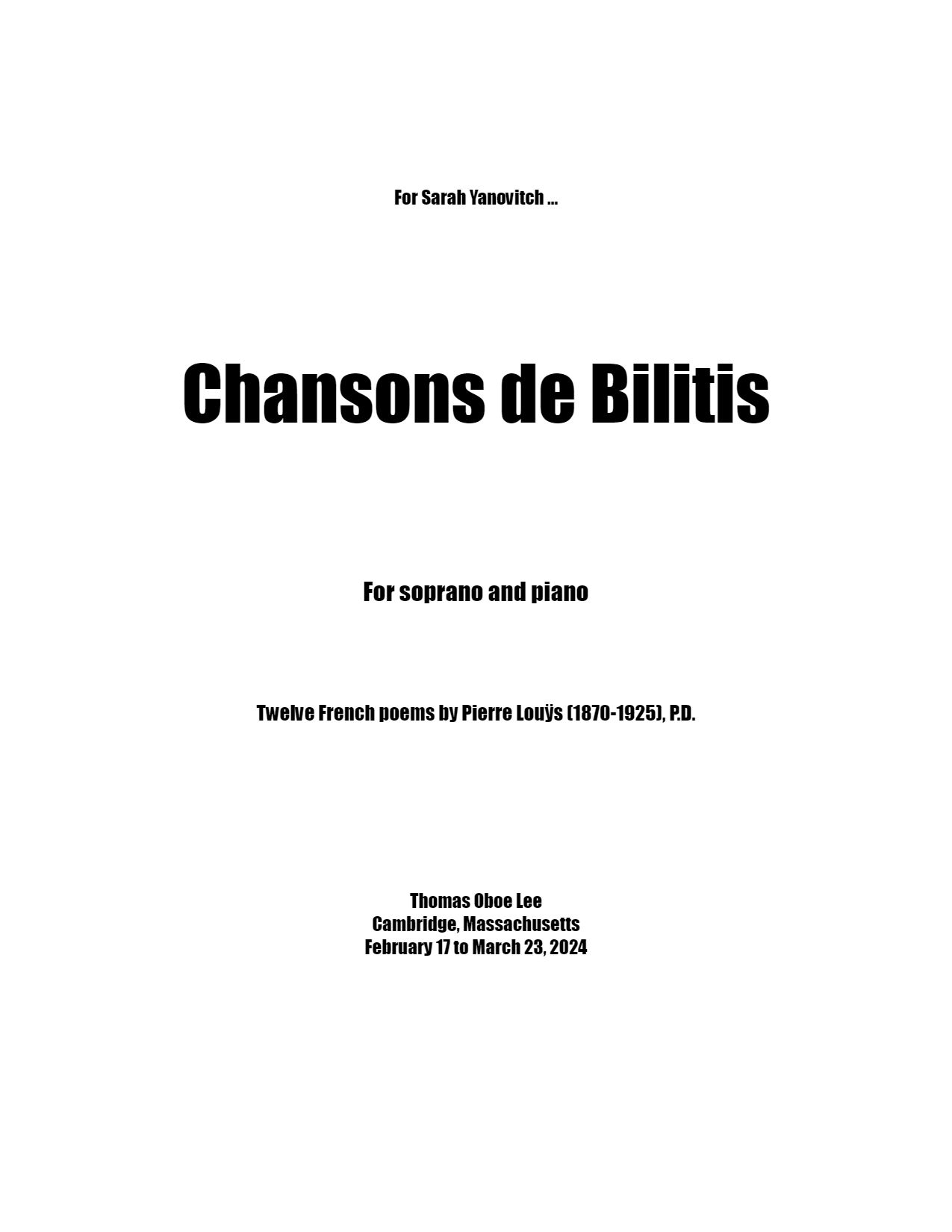Chansons De Bilitis : For Soprano and Piano (2024).